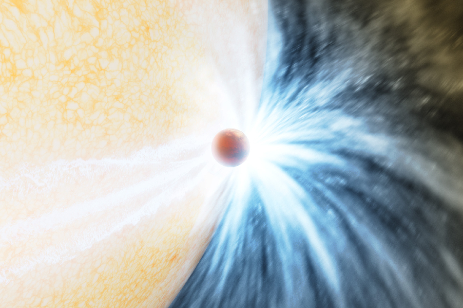 This artist’s impression shows a doomed planet skimming the surface of its star. Astronomers used a combination of telescopes to spot the first direct evidence of an aging, bloated sun-like star, like the one pictured here, engulfing its planet. These telescopes included the Zwicky Transient Facility (ZTF) at Caltech’s Palomar Observatory, the W.M. Keck Observatory, and NASA’s NEOWISE mission. K. Miller/R. Hurt (Caltech/IPAC)