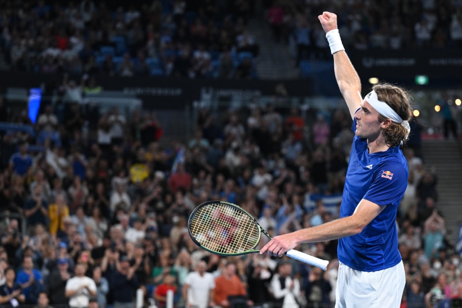 Stefanos Tsitsipas of Greece celebrates his win over Matteo Berrettini of Italy during the 2023 United Cup Semi-Final tennis match between Greece and Italy at Ken Rosewall Arena in Sydney, Australia, 07 January 2023. Dean Lewis, EPA-EFE