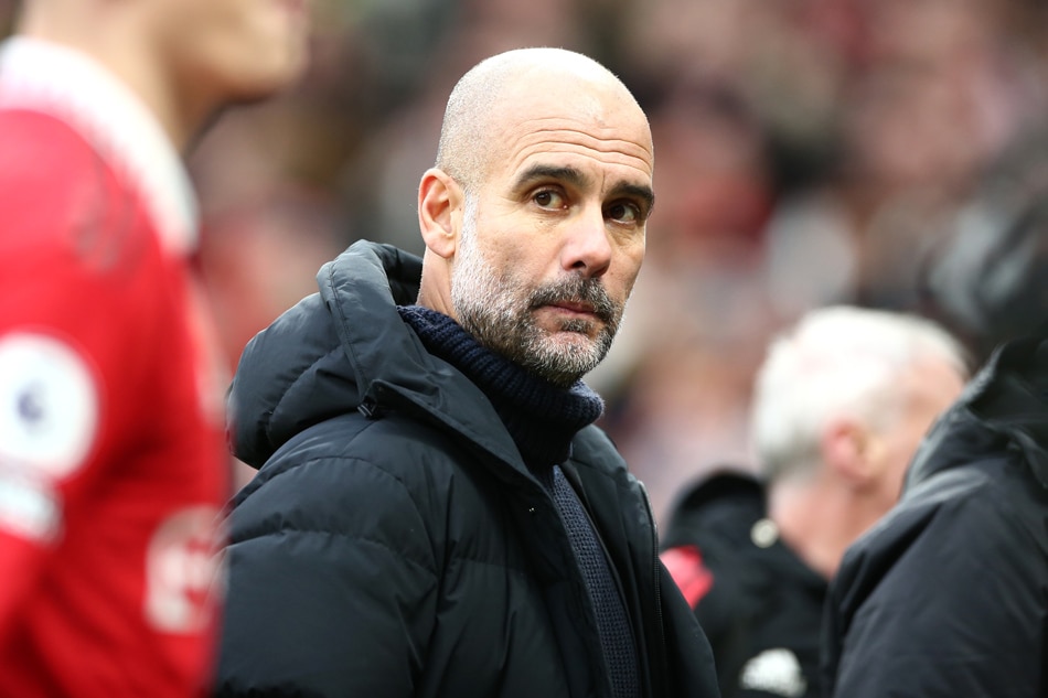 Manchester City's manager Pep Guardiola reacts after the English Premier League soccer match between Manchester United and Manchester City in Manchester, Britain, 14 January 2023. Adam Vaughan, EPA-EFE.