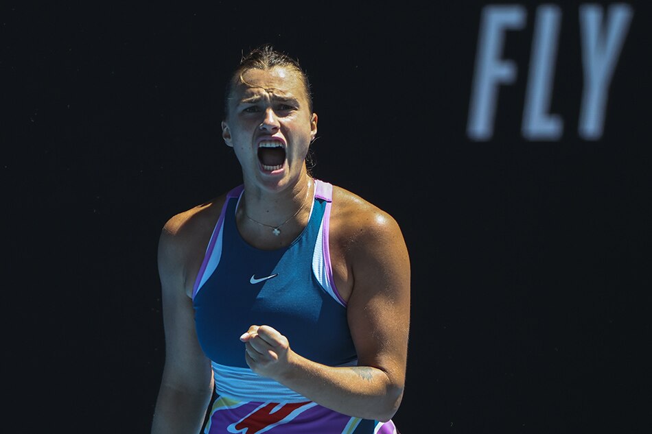Aryna Sabalenka of Belarus reacts after a point against Donna Vekic of Croatia during their quarter final match at the Australian Open tennis tournament in Melbourne, Australia, 25 January 2023. Fazry Ismail, EPA-EFE.