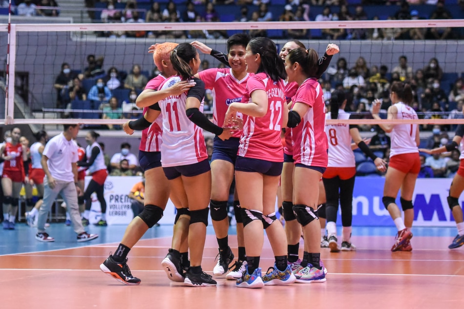 Creamline celebrates after scoring against Petro Gazz in the PVL All-Filipino Conference. PVL Media.