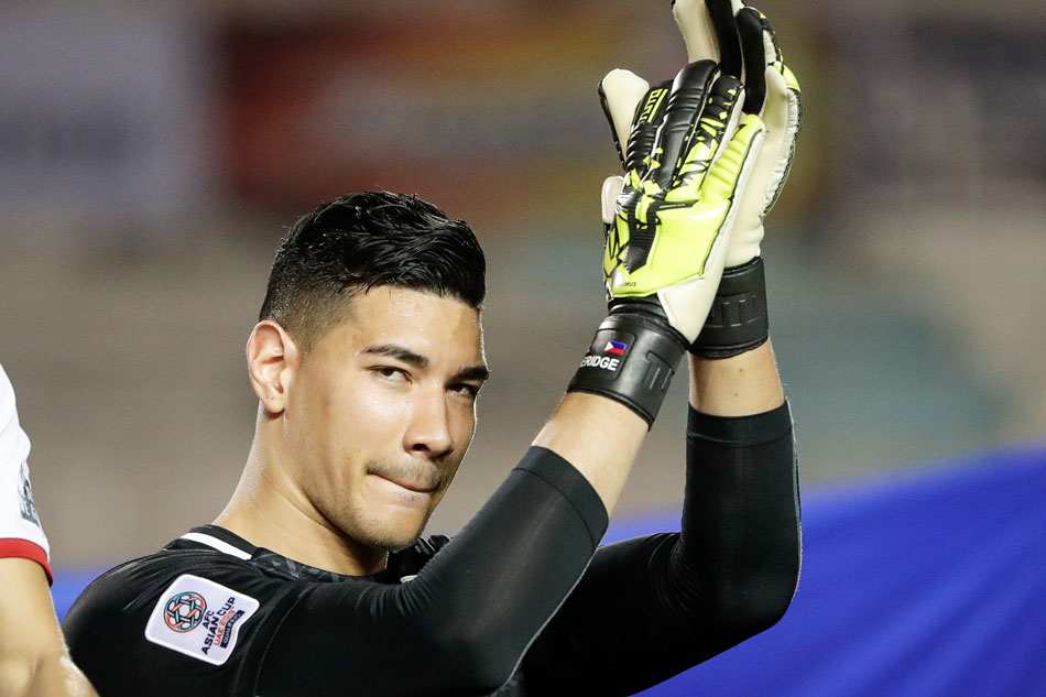 Goalkeeper Neil Etheridge of the Philippines reacts during the 2019 AFC Asian Cup Qualification Final Round soccer match between the Philippines and Tajikistan at the Rizal Memorial Stadium in Manila, Philippines, 27 March 2018. Mark Cristino, EPA-EFE