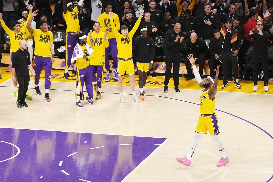 Los Angeles Lakers forward LeBron James (R) reacts after becoming the all-time leading scorer in NBA history during the second half of their game against the Oklahoma City Thunder at the Crypto.com Arena in Los Angeles, California, USA, 07 February 2023. Allison Dinner, EPA-EFE.