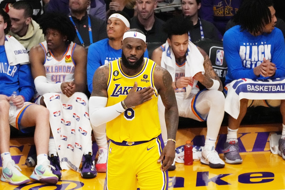  Los Angeles Lakers forward LeBron James (C) gestures to a teammate during the first half of the NBA basketball game between the Los Angeles Lakers and Oklahoma City Thunder at the Crypto.com Arena in Los Angeles, California, USA, 07 February 2023. Allison Dinner, EPA-EFE.