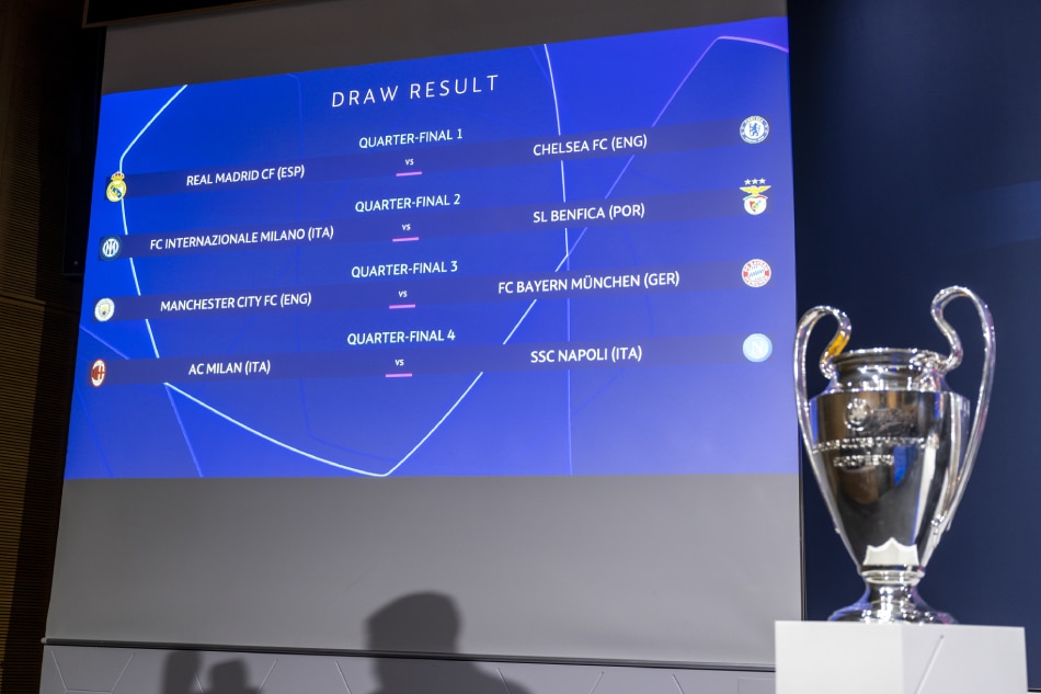 Match fixtures are shown on an electronic panel during the UEFA Champions League 2022/23 round of quarter-final, semi-final and final draw, at the UEFA Headquarters in Nyon, Switzerland March 17, 2023. Martial Trezzini, EPA-EFE.