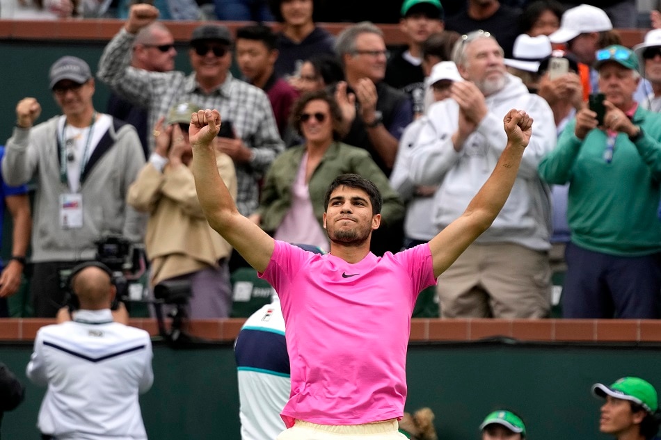 Carlos Alcaraz of Spain reacts after winning against Daniil Medvedev of Russia in the men's finals of the BNP Paribas Open tennis tournament at the Indian Wells Tennis Garden in Indian Wells, California, USA, 19 March 2023. Ray Acevedo, EPA-EFE.
