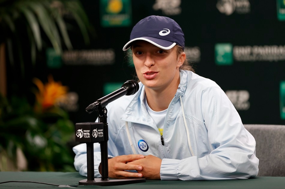 Iga Swiatek of Poland responds to questions in a press conference during the BNP Paribas Open tennis tournament at the Indian Wells Tennis Garden in Indian Wells, California, USA, March 8, 2023. John G. Mabanglo, EPA-EFE.