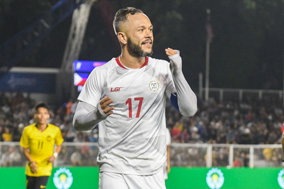 Stephan Schrock of the Philippines reacts during their SEA Games men’s football match against Malaysia at the Rizal Memorial Stadium in Manila. Mark Demayo, ABS-CBN News/File photo.