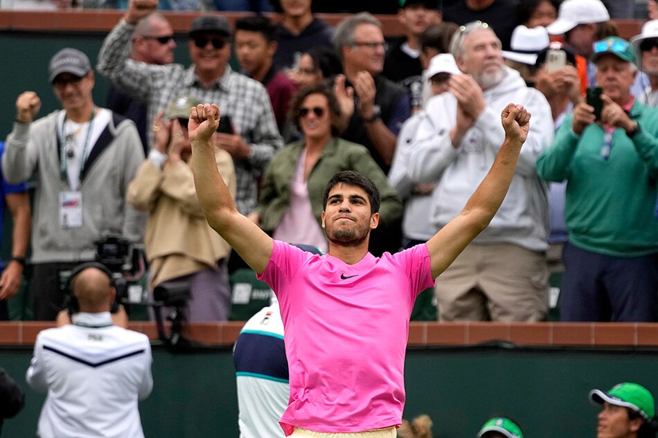 Carlos Alcaraz of Spain reacts after winning against Daniil Medvedev of Russia in the men's finals of the BNP Paribas Open tennis tournament at the Indian Wells Tennis Garden in Indian Wells, California, USA, March 19, 2023. Ray Acevedo, EPA-EFE.