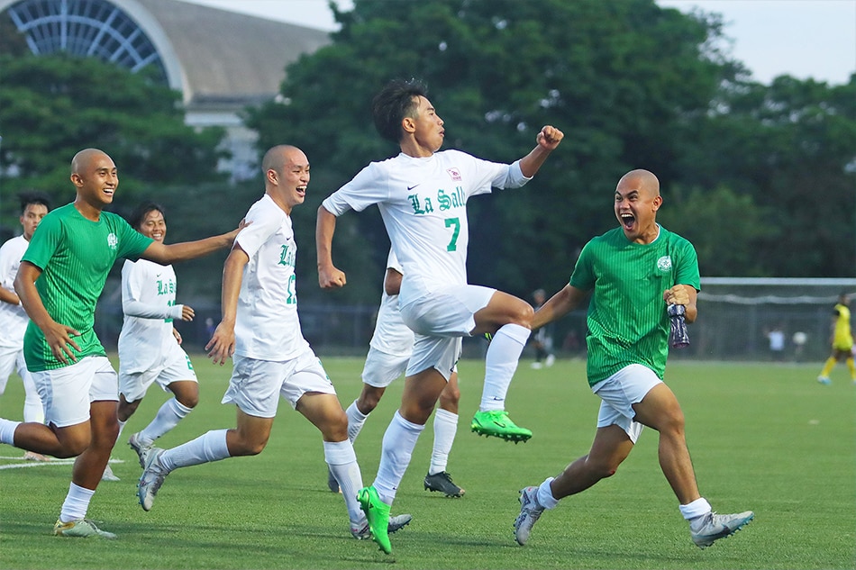 La Salle celebrates after scoring a goal against UST in the UAAP men's football tournament. UAAP Media.