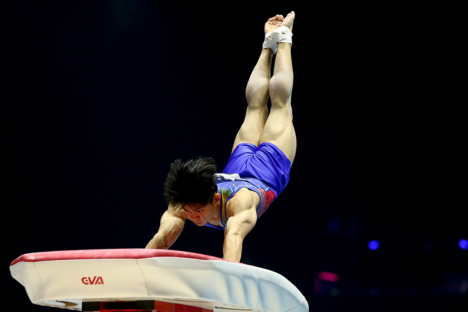 Carlos Edriel Yulo of the Philippines competes in the Vault event of the men