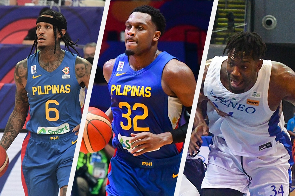 Gilas Pilipinas naturalized players Jordan Clarkson, Justin Brownlee, and Ange Kouame. Mark Demayo, ABS-CBN News/file