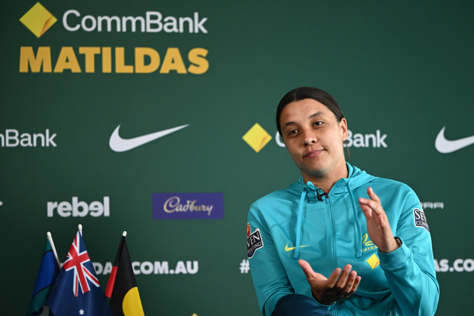 Matildas captain Sam Kerr speaks to the media during a press conference for the unveiling of the 23-player squad to represent the Australian Women’s National Football Team at this year’s FIFA Women’s World Cup at the Home of The Matildas in Melbourne, Australia on July 3, 2023. Joel Carrett, EPA-EFE.