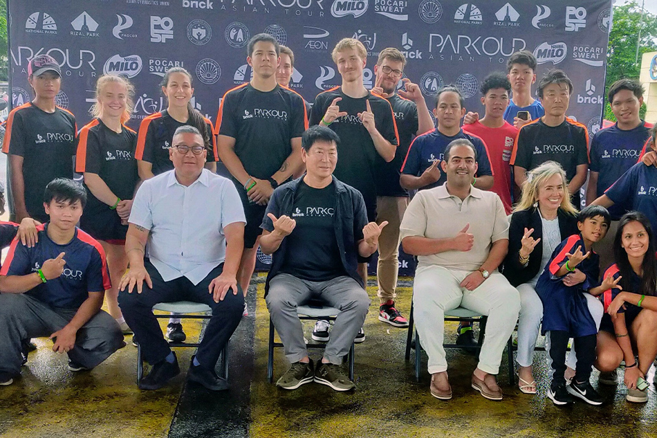 GAP president Cynthia Carrion (seated, right) leads the participants in the Manila leg of the Brick Asian Parkour Tour. With her are (seated from left): Philippine Obstacle Sport Federation president Atty. Al Agra, FIG president Morinari of Japan and Abdulrahman Al-Shatri of Qatar. Handout