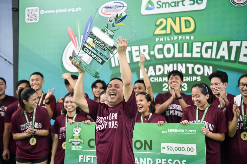 The UP Fighting Maroons celebrate after ruling the 2nd SMART Philippine Intercollegiate Badminton Championships. Handout