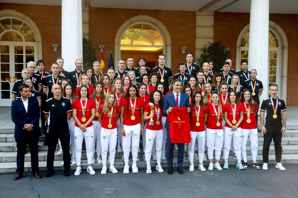 Spanish acting Prime Minister Pedro Sanchez (C-R) poses for a family photo with members of the Women's Spanish National Soccer Team as he welcomes them as world champions at Moncloa Presidential Palace in Madrid, Spain, August 22, 2023, after they won the FIFA Women's World Cup. Juan Carlos Hidalgo, EPA-EFE.