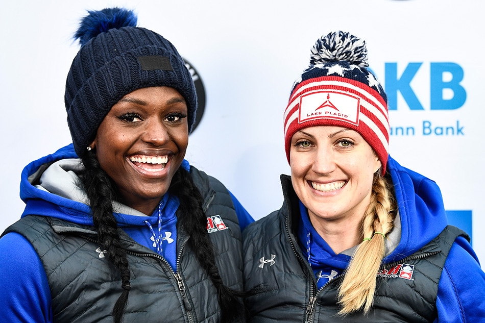 Second placed Jamie Poser Greubel (R) and Aja Evans of the USA celebrate after the second run of the Women's race at the Bobsleigh World Cup in Altenberg, Germany, 06 January 2018. EPA-EFE/FILIP SINGER