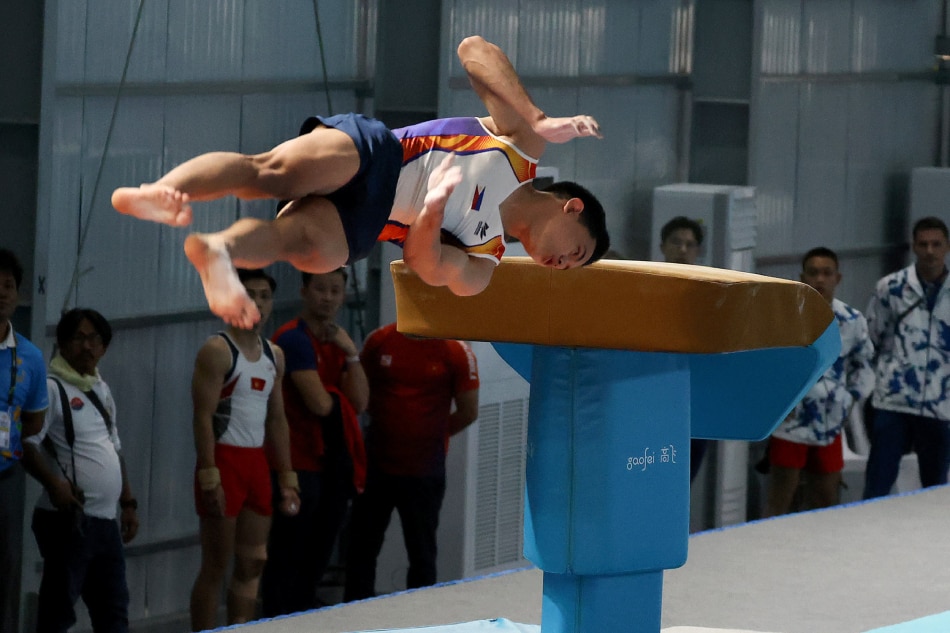 Juancho Miguel Besana during the men’s vault in artistic gymnastics at the 32nd Southeast Asian Games in Cambodia on May 9, 2023. POC/PSC Media handout