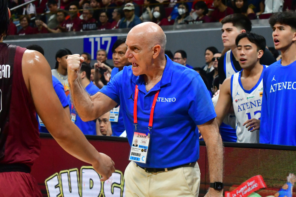 Ateneo head coach Tab Baldwin celebrates during their UAAP Season 86 game against the UP Fighting Maroons at the Mall of Asia Arena, October 22, 2023. Mark Demayo, ABS-CBN News.
