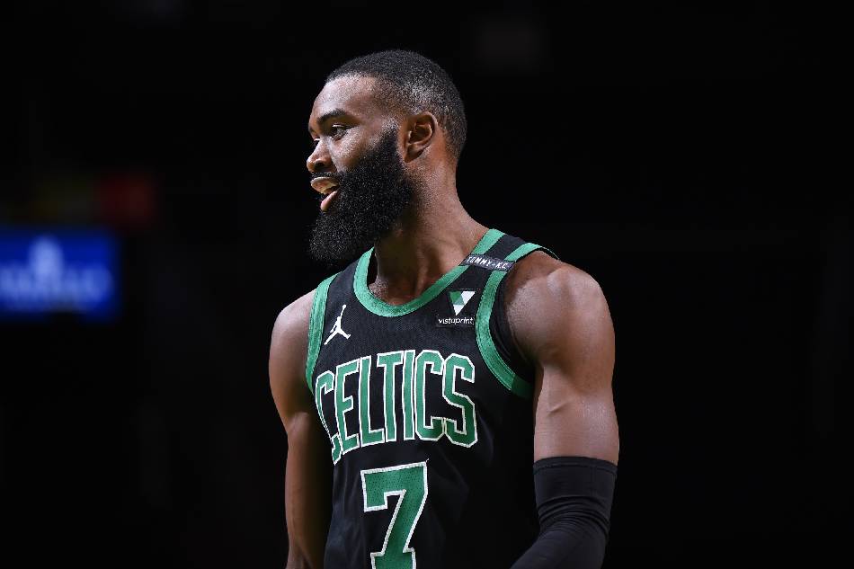 Jaylen Brown #7 of the Boston Celtics looks on during the game against the Cleveland Cavaliers on January 24, 2021 at the TD Garden in Boston, Massachusetts. Brian Babineau, NBAE via Getty Images/AFP