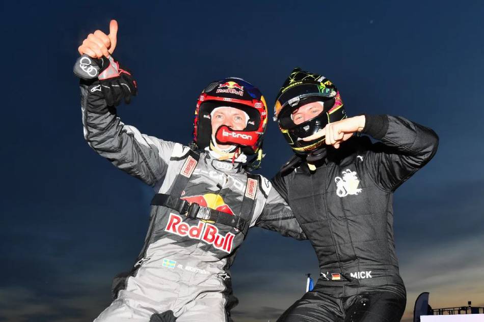 Mattias Ekström (left) and Mick Schumacher (right) after finishing the second heat in the finals of Race of Champions 2023 in Sweden on Sunday. Instagram/raceofchampions