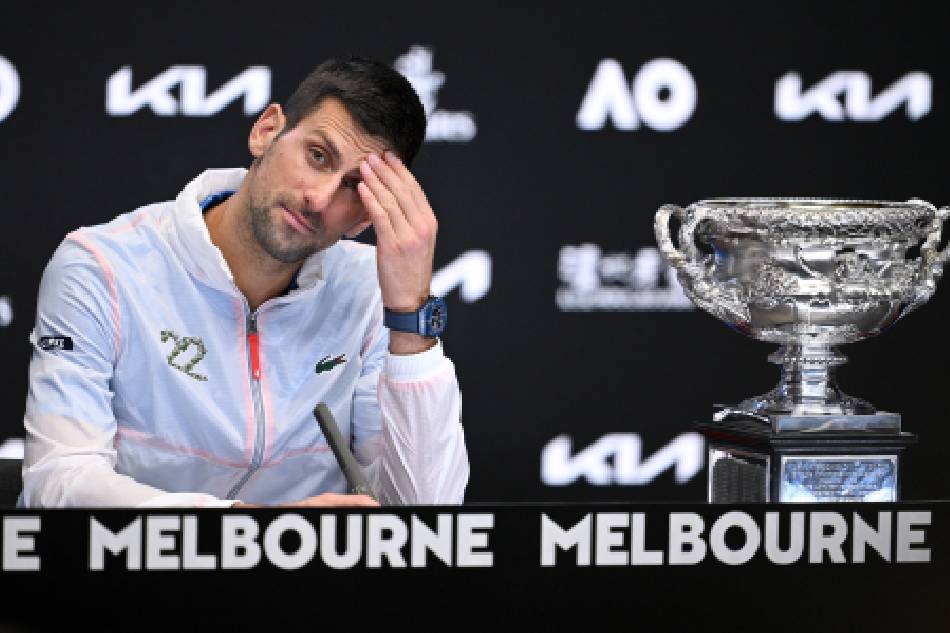 Serbia's Novak Djokovic looks on during a post match press conference following his men’s final between win over Stefanos Tsitsipas of Greece at the 2023 Australian Open tennis tournament in Melbourne, Australia, 30 January 2023. James Ross, EPA-EFE.