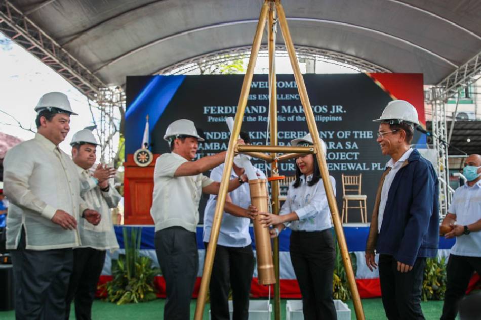 President Ferdinand R. Marcos, Jr. joins House Speaker Martin Romualdez, Quezon City Mayor Joy Belmonte and Department of Human Settlements and Urban Development (DHSUD) Secretary Jose “Jerry” Acuzar during the groundbreaking ceremony of the Pambansang Pabahay para sa Pilipino (4PH) project aas part of the Batasan Development Urban Renewal Plan at the Batoda Terminal, Commonwealth Avenue cor. IBP road in Quezon City on January 31, 2023. Jonathan Cellona, ABS-CBN News