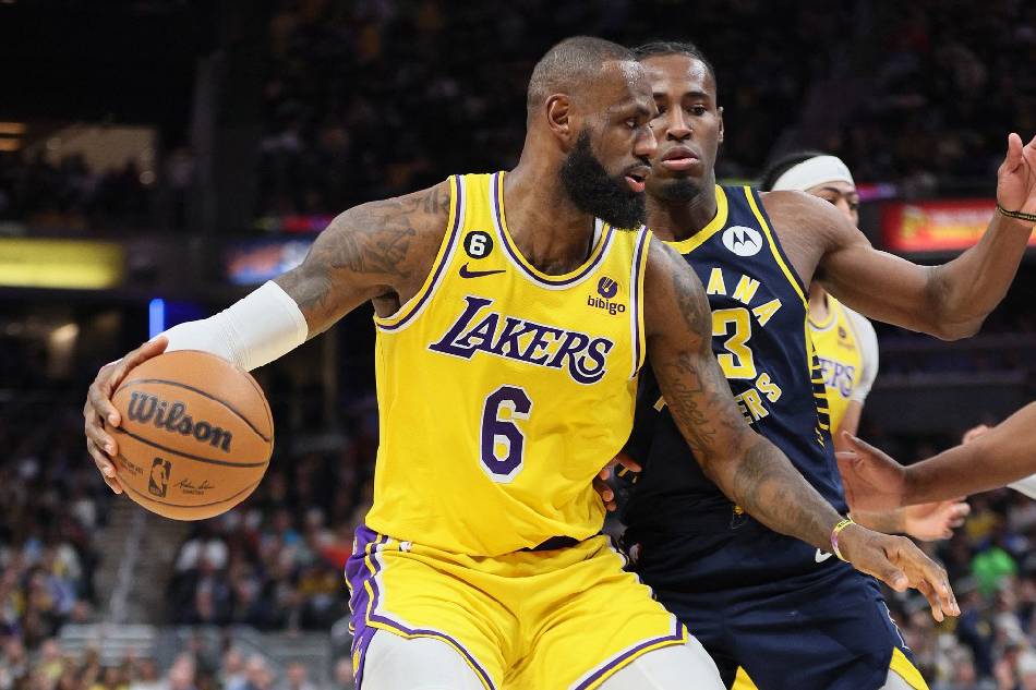 LeBron James (6) of the Los Angeles Lakers dribbles the ball against the Indiana Pacers at Gainbridge Fieldhouse in Indianapolis, Indiana. Andy Lyons, Getty Images via AFP