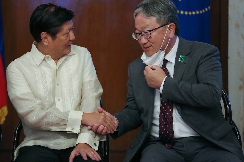 President Ferdinand Marcos Jr. converses with Mori Masafumi - Special Advisor to the Prime Minister of Japan as they attend the contract signing of the construction for the Metro Manila Subway Project’s Quezon Avenue and East Avenue Station, as well as the Anonas and Camp Aguinaldo stations. The signing, which was made possible through the funding assistance of Japan through the Japan International Cooperation Agency and the Philippines, was held at the President’s Hall, Malacanan Palace in Manila on Nov. 3, 2022. Jonathan Cellona, ABS-CBN News/Pool