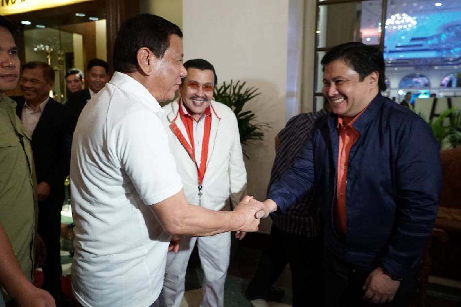 President Rodrigo Duterte is welcomed by Senator Jinggoy Estrada upon his arrival at the Manila Hotel on April 19, 2017 to attend former President and incumbent Manila City Mayor Joseph Estrada’s 80th birthday celebration. King Rodriguez, Malacanang Photo