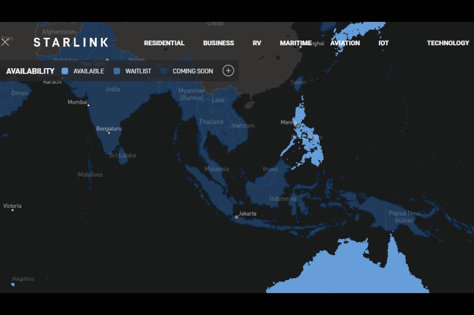 The Philippines highlighted as among the countries covered by Starlink based on SpaceX's service map. Screenshot