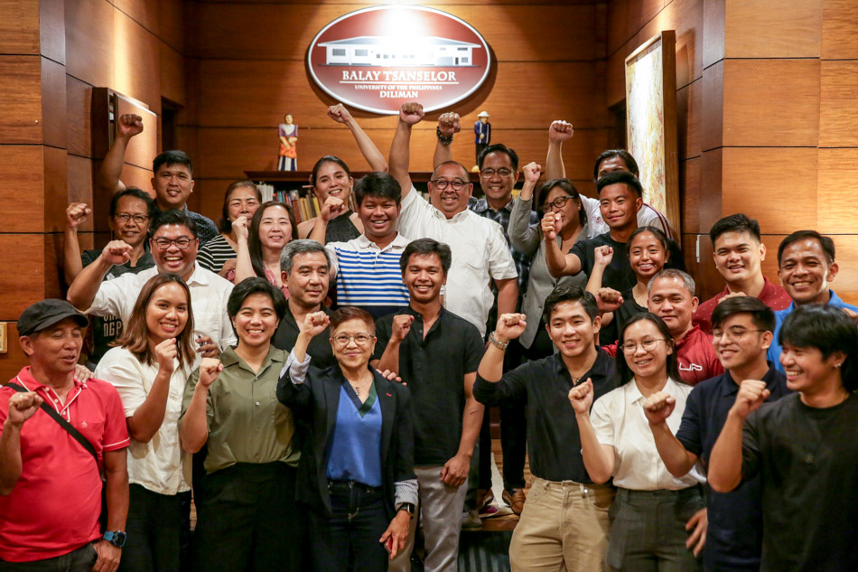 The newly established University of the Philippines Office for Athletics and Sports Development (OASD) poses for a group photo during its launch on February 28, 2023 at the Balay Tsanselor in UP Diliman. In photo are OASD Director Francisco Diaz (last row, 4th from right), UP Diliman Vice Chancellor for Student Affairs Loujaye Sonido (last row, 3rd from left) and UP Diliman Chancellor Fidel Nemenzo (second row, 2nd from right). Fernando G. Sepe Jr., ABS-CBN News