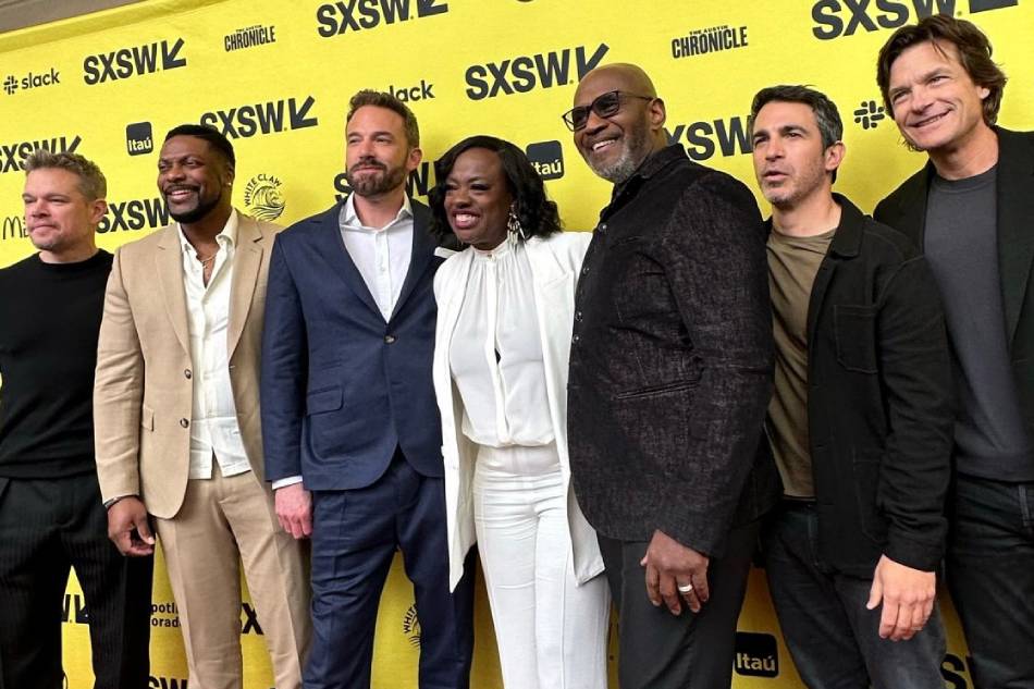 (From left to right) Matt Damon, Chris Tucker, Ben Affleck, Viola Davis, Julius Tennon, Chris Messina, Jason Bateman at the premiere of 'Air' at the South by Southwest Festival. Handout