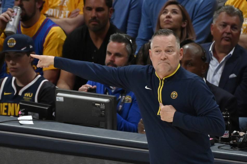 Denver Nuggets head coach Michael Malone gives instructions to his team during the first quarter of game one of the NBA Finals between the Miami Heat and the Denver Nuggets, in Denver, Colorado, USA, June 1, 2023. Bob Pearson, EPA-EFE.