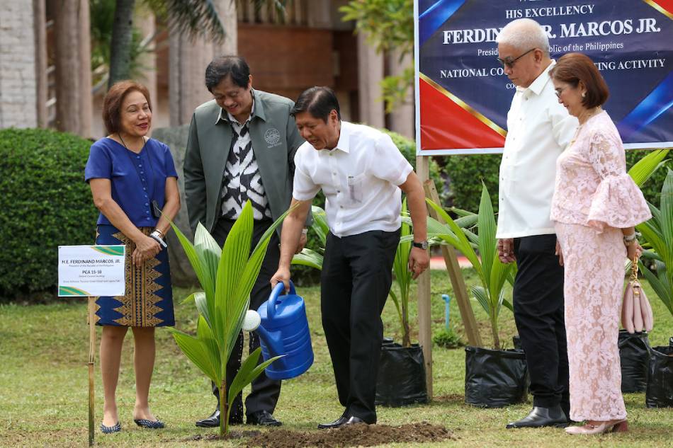 President Ferdinand Marcos, Jr. leads a coconut-tree planting ceremony, accompanied by Sen. Cynthia Villar, Agrarian Reform Secretary Conrado Estrella, former acting Agrarian Reform chief Bernie Ferrer Cruz, and Pasay City Mayor Imelda “Emi” Calixto-Rubiano during the 50th anniversary of the Philippine Coconut Authority held in the Coconut Palace at the Cultural Center of the Philippines Complex in Pasay City on June 29, 2023.  Jonathan Cellona, ABS-CBN News 