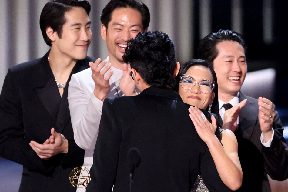  Lee Sung Jin embraces Ali Wong as he accepts the Outstanding Limited or Anthology Series award for 