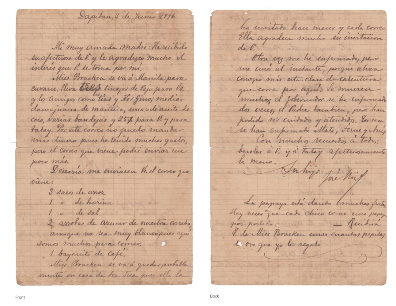 Very Rare and Important Letter from José Rizal to His Mother (Teodora Alonso)