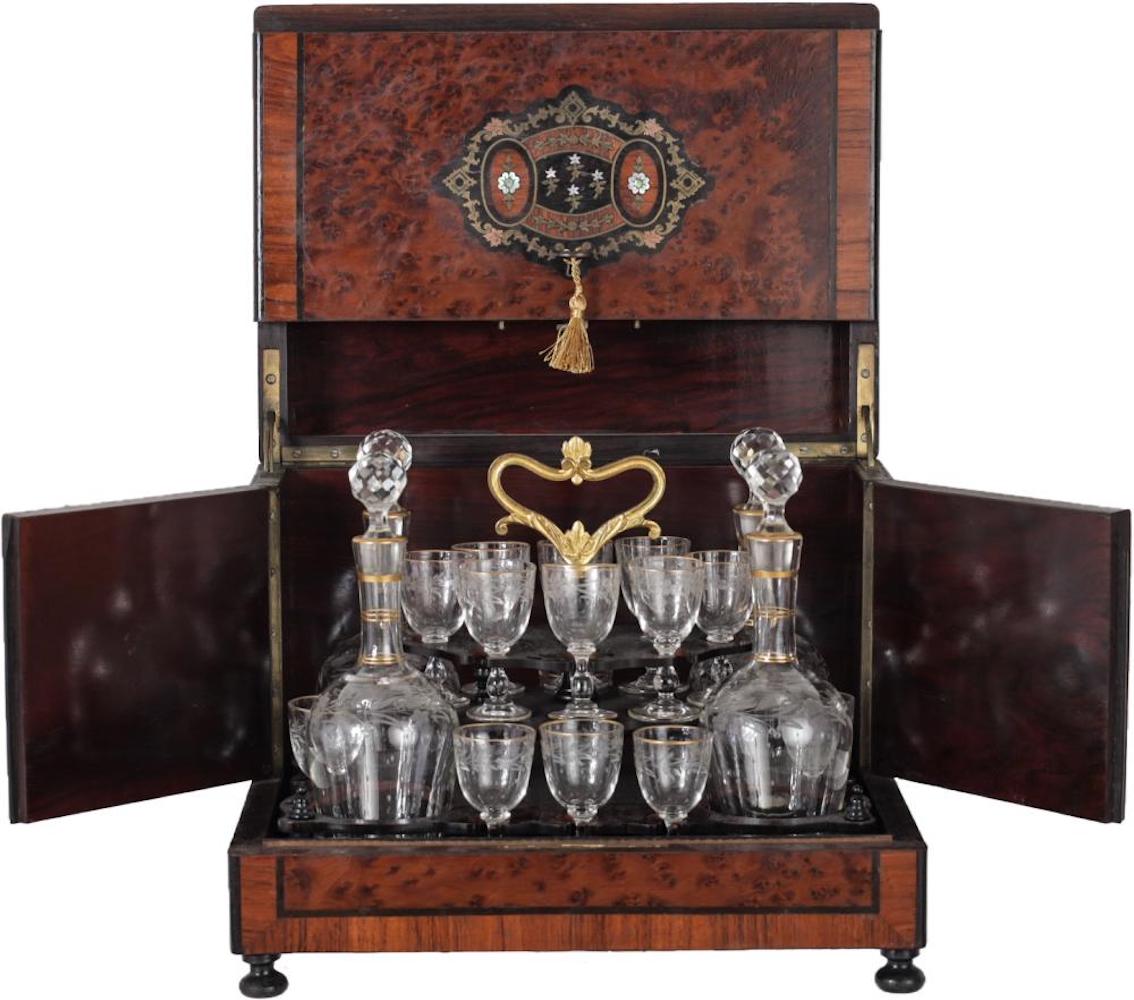 Lot 169 Napoleon III period liquor glass set in box with exotic wood marquetry