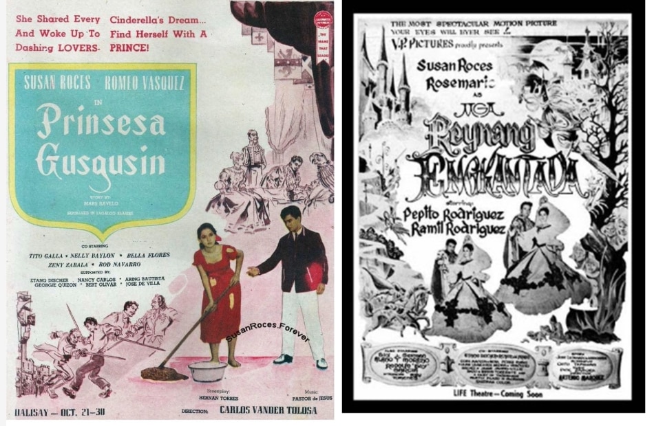 Print ads of fantasy and fairy tale movies made by Susan for Sampaguita Pictures: Prinsesa Gusgusin (1957) and Mga Reynang Engkantada (1966).