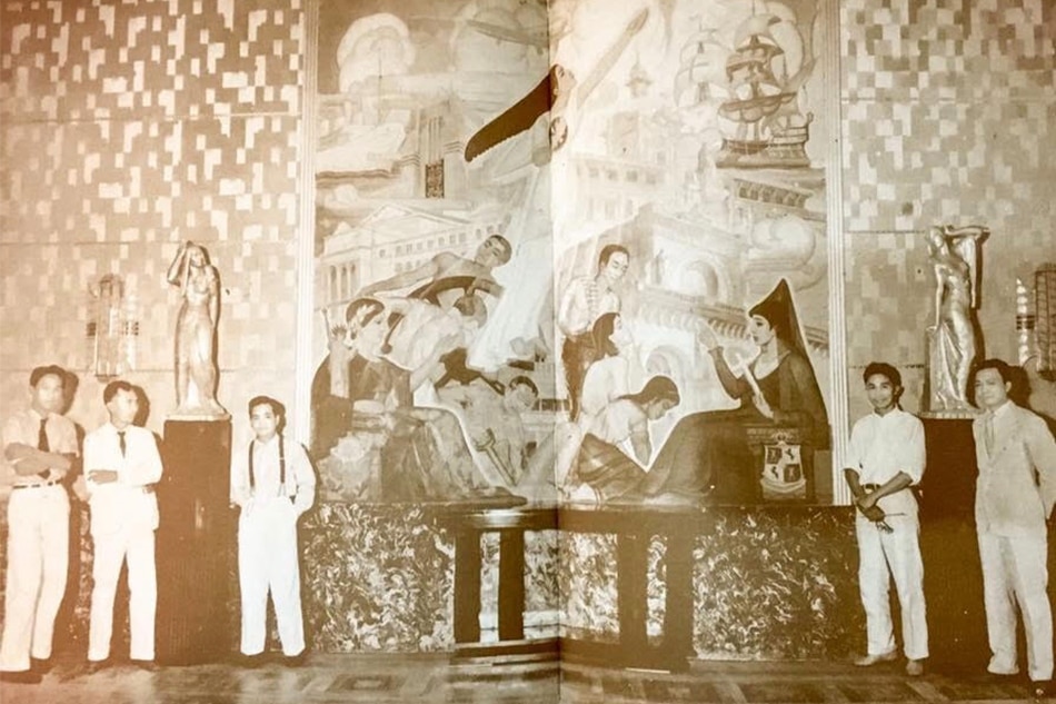 Photo of the Capitol Theater lobby showing the mural, 'The Rising New Philippines' 