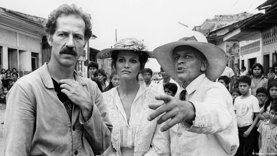 Herzog (left) with actors Claudia Cardinale and Klaus Kinski on the set of Fitzcarraldo
