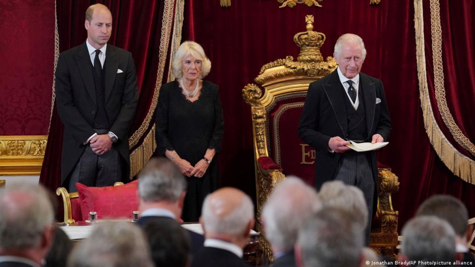 Charles III (r), seen next to his wife, Camilla, and his son, Prince William, spoke of 'heavy responsibilities'