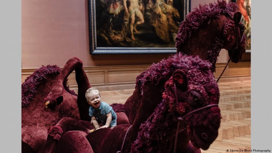 Works of art by Christophe Coppens include a giant camel that kids and adults can sit on