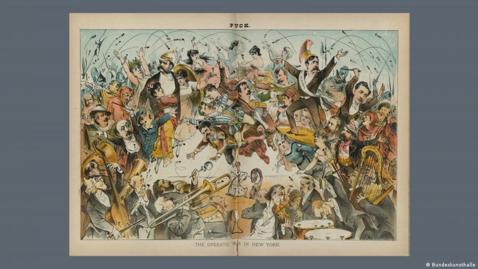 'The Operatic War': This print from 1883 depicts the clash between the Academy of Music and the Metropolitan Opera