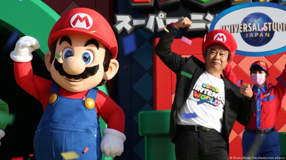 Super Mario and Miyamoto at the opening of 'Super Nintendo World' at Japan's Universal Studios in 2021