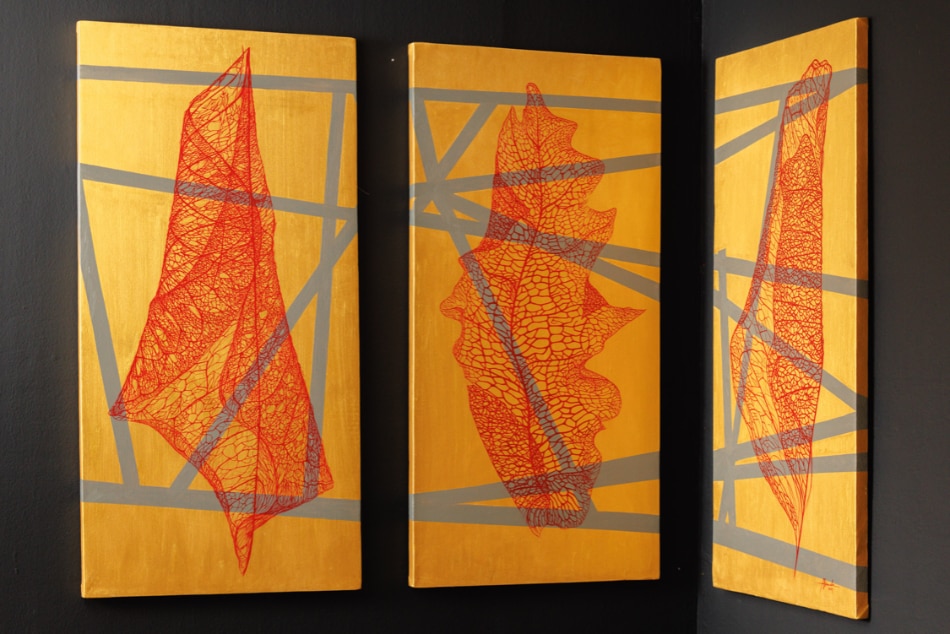 Three-panel painting highlights filaments of dried leaves in typhoon aftermath
