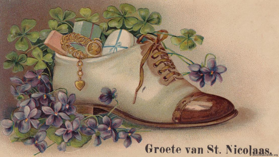 This postcard from the 19th century depicts the Dutch tradition of filling shoes with goodies for Sinterklaas