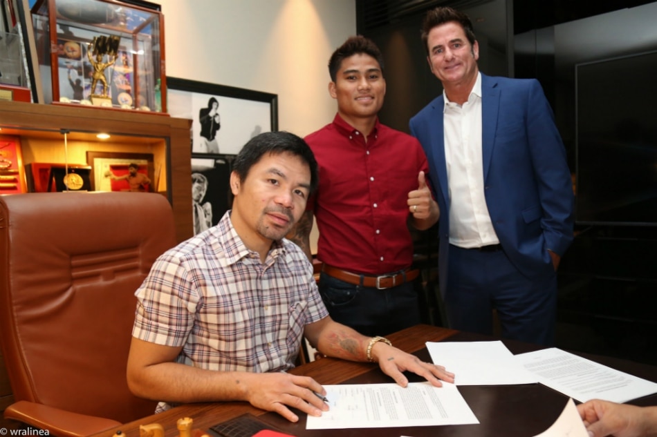 Mark Magsayo with Manny Pacquiao and MP Promotions president Sean Gibbons