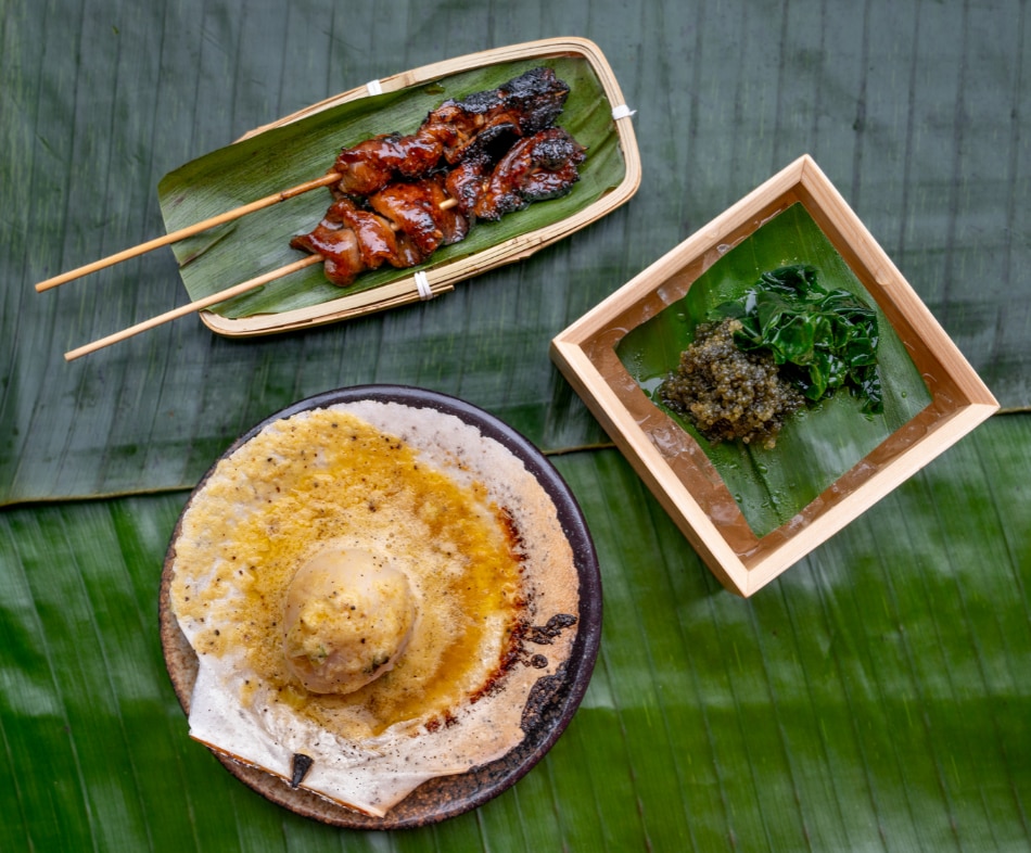 Inihaw na Balat (Chicken Skin), Kapis (Scallop), Halamang Dagat (Seaweed 3 Ways) photo by Paul McDonough