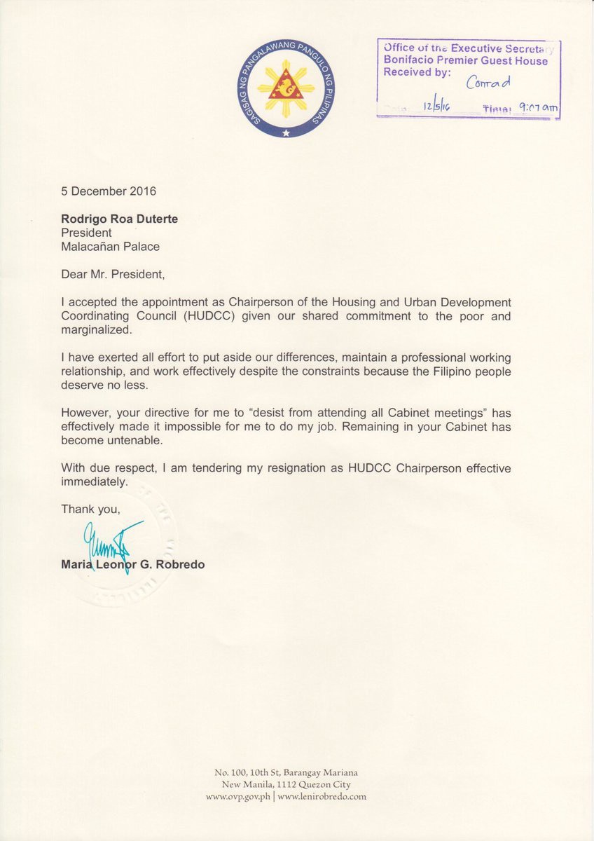 Look Vp Leni Robredo S Resignation Letter Abs Cbn News
